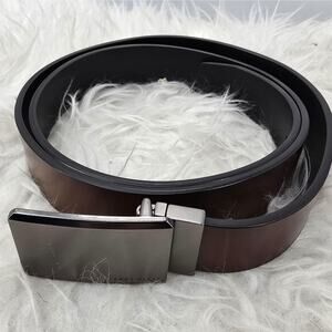 Perry Ellis Belt Mens 42 Brown Leather Dress Buckle Logo Adjustable New Silver